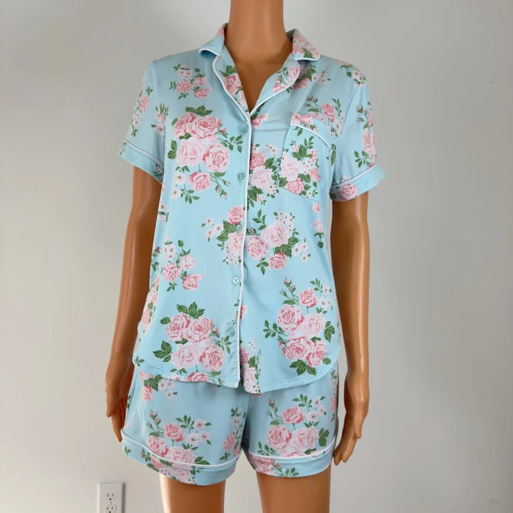 Joyspun Blue Pink Rose Floral Pajama Set Short Sleeve Top Shorts Small 4-6 - Picture 1 of 14
